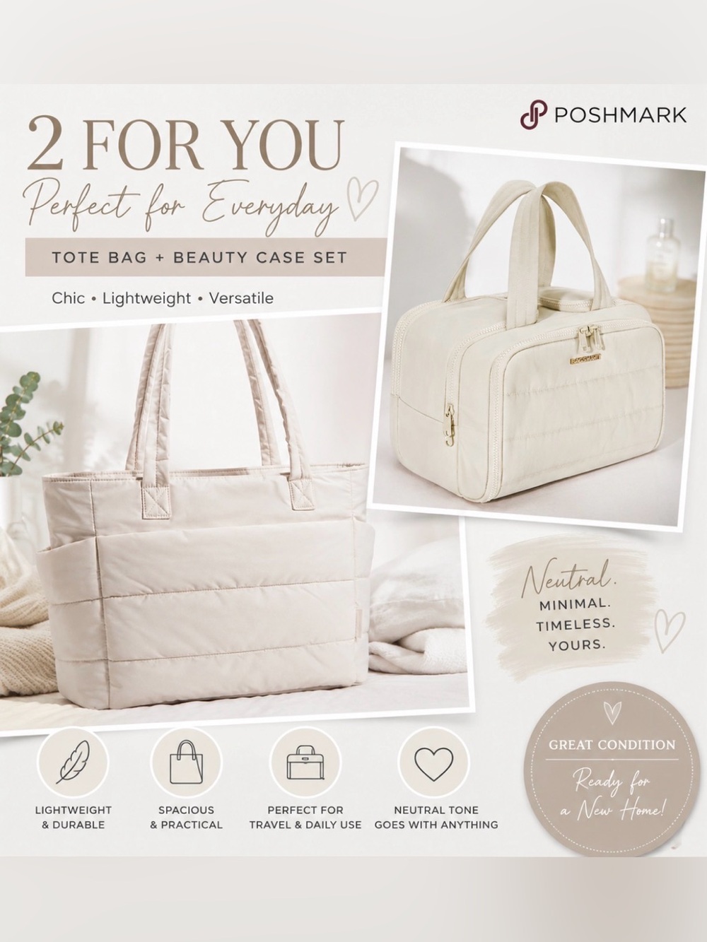 Light Cream Quilted Tote Bag & toiletries bag set - Women